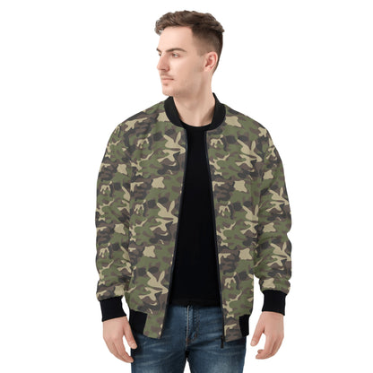 Camo Men Bomber Jacket, Green Camouflage Army Streetwear Unisex Winter Vintage Varsity Warm Designer Coat Outfit Plus Size