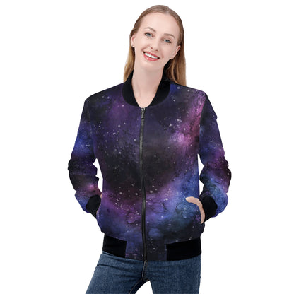 Galaxy Space Women Bomber Jacket, Purple Universe  Zip Up Streetwear Winter Vintage Varsity Warm Designer Coat Outfit Plus Size