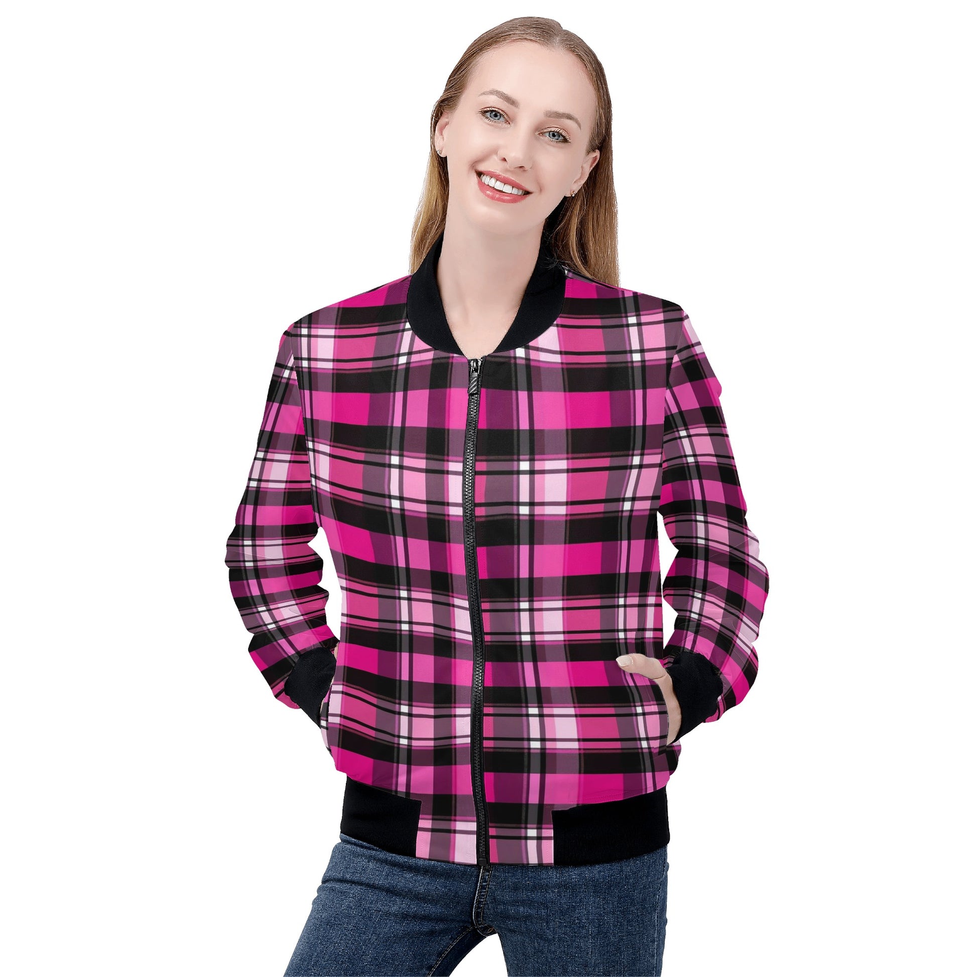 Pink Plaid Women Bomber Jacket, Black Check Tartan Zip Up Streetwear Winter Vintage Varsity Warm Designer Coat Outfit Plus Size Starcove Fashion