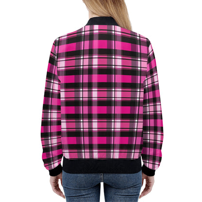 Pink Plaid Women Bomber Jacket, Black Check Tartan Zip Up Streetwear Winter Vintage Varsity Warm Designer Coat Outfit Plus Size Starcove Fashion