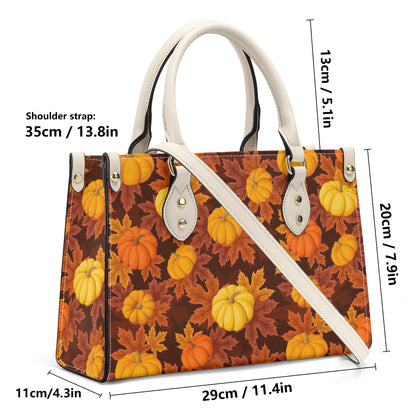 Fall Autumn Shoulder Purse,  Pumpkins Leaves Brown Orange Vegan Leather Top Handle Handbag Print Small Bag Women Ladies Designer Starcove Fashion