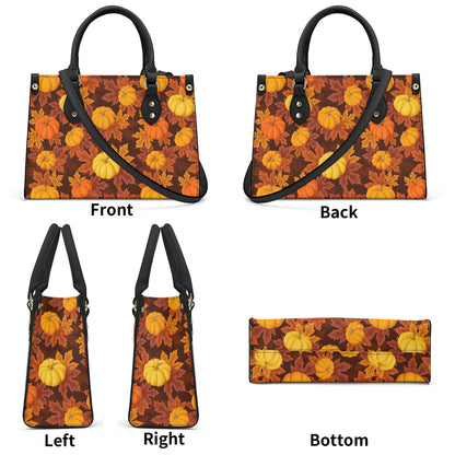 Fall Autumn Shoulder Purse,  Pumpkins Leaves Brown Orange Vegan Leather Top Handle Handbag Print Small Bag Women Ladies Designer Starcove Fashion