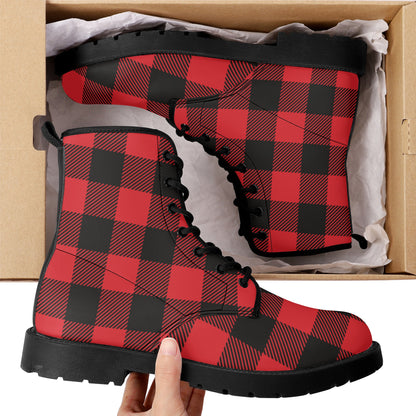 Red Buffalo Plaid Women Leather Boots, Check Vegan Lace Up Shoes Hiking Festival Black Ankle Combat Work Winter Waterproof Custom Ladies Starcove Fashion