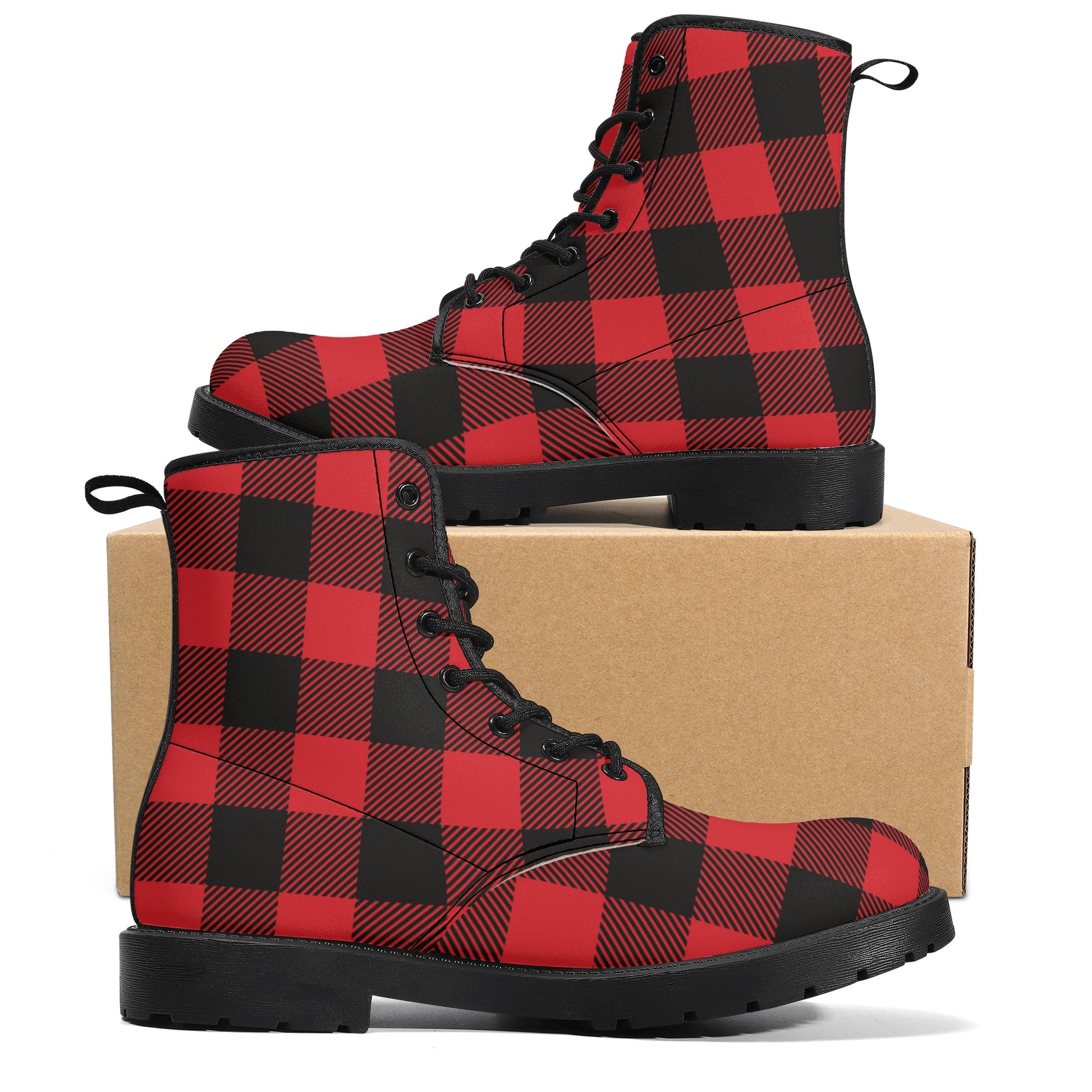Red Buffalo Plaid Women Leather Boots, Check Vegan Lace Up Shoes Hiking Festival Black Ankle Combat Work Winter Waterproof Custom Ladies Starcove Fashion