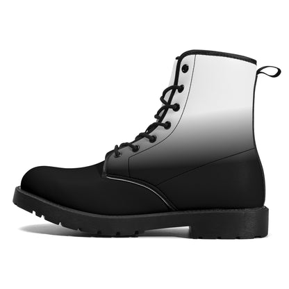 Black White Ombre Men Leather Boots, Tie Dye Gradient Vegan Lace Up Shoes Hiking Festival Black Ankle Combat Work Winter Waterproof Custom Starcove Fashion