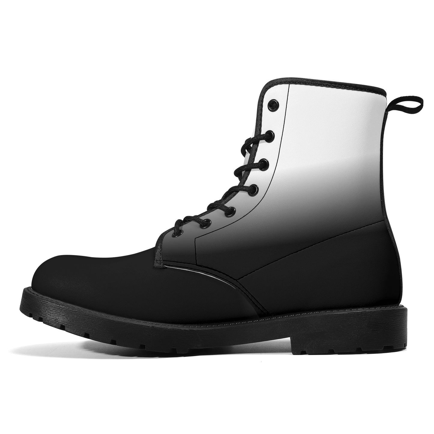 Black White Ombre Men Leather Boots, Tie Dye Gradient Vegan Lace Up Shoes Hiking Festival Black Ankle Combat Work Winter Waterproof Custom Starcove Fashion