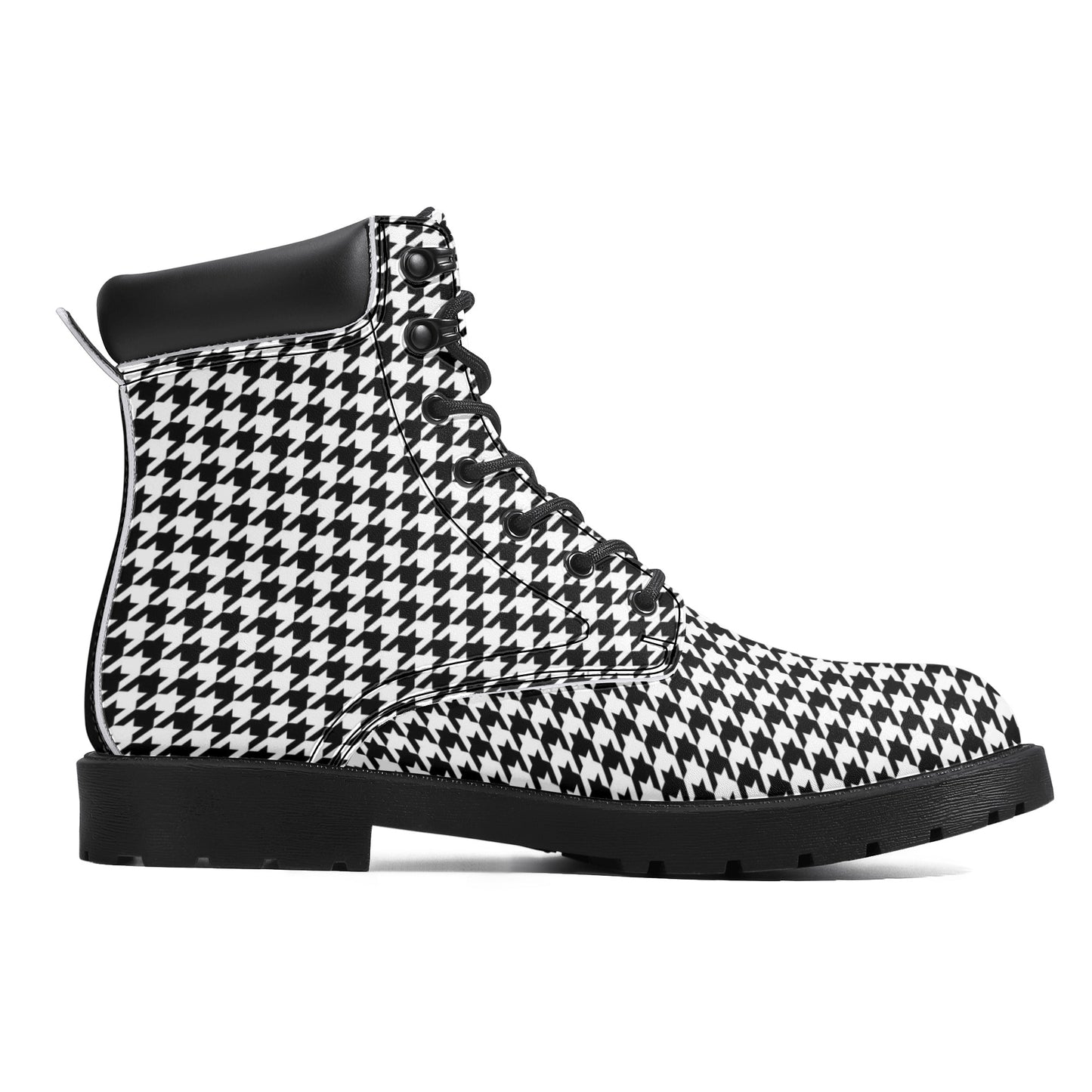 Houndstooth Men Leather Boots, Black White Vegan Lace Up Shoes Hiking Festival Black Ankle Combat Work Winter Waterproof Custom Gift Starcove Fashion