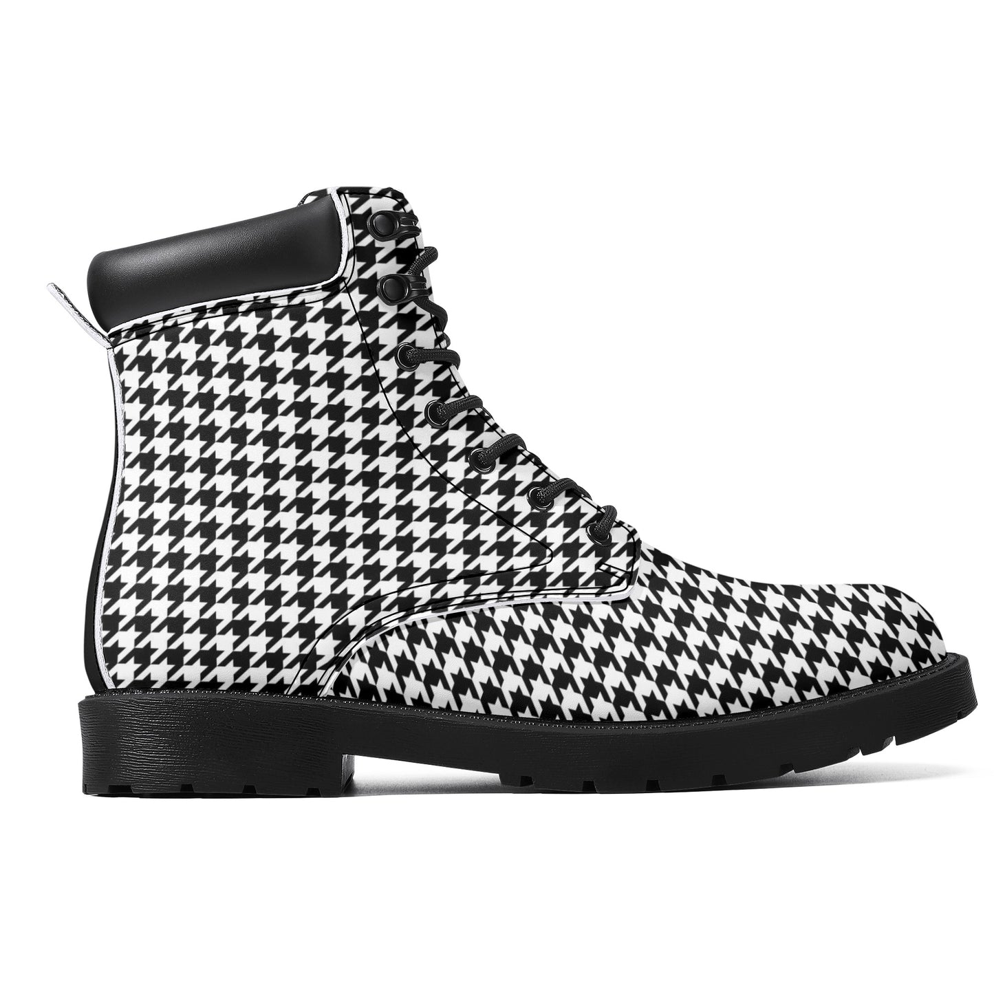 Houndstooth Men Leather Boots, Black White Vegan Lace Up Shoes Hiking Festival Black Ankle Combat Work Winter Waterproof Custom Gift Starcove Fashion