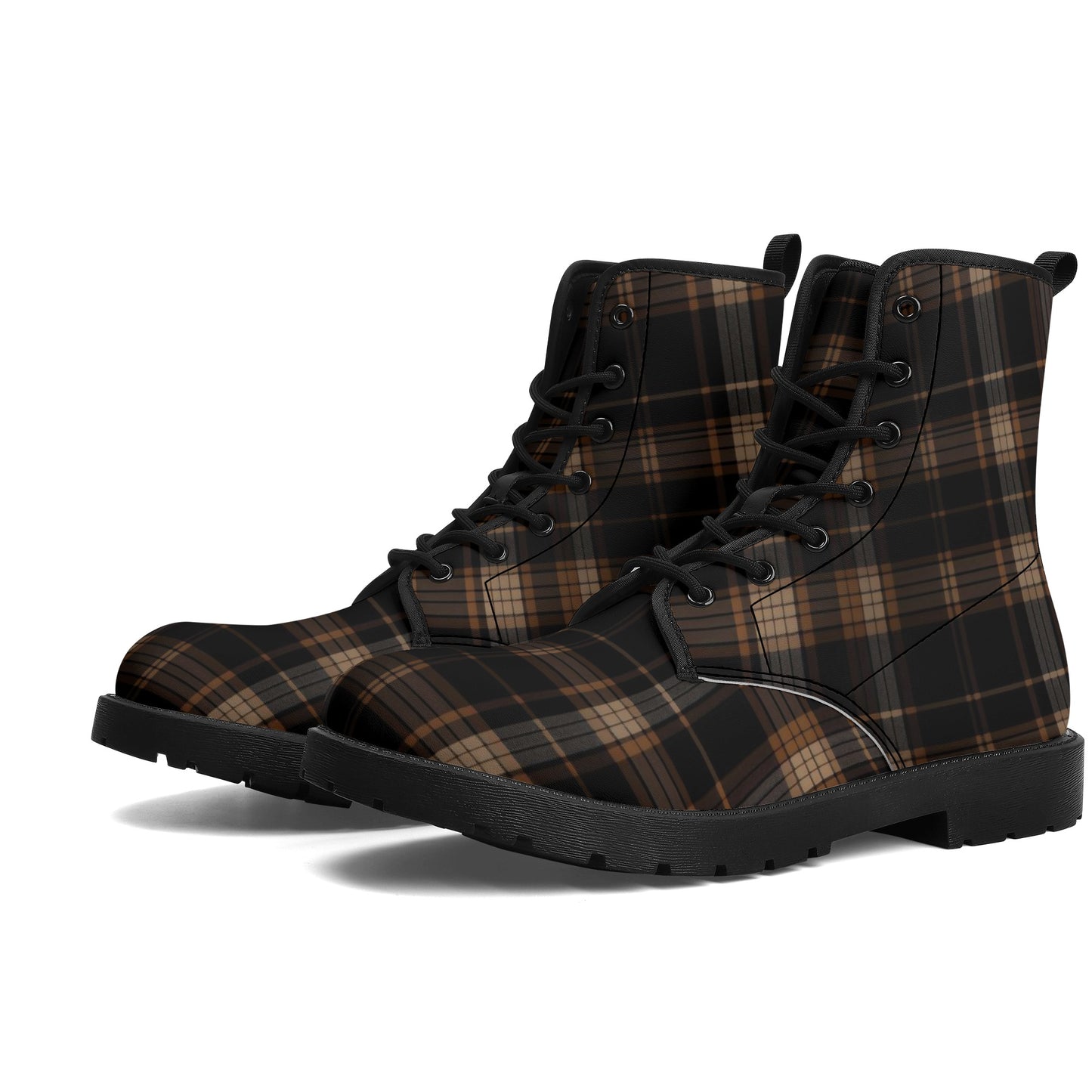 Black Brown Plaid Men Leather Boots, Check Tartan Vegan Lace Up Shoes Hiking Festival Black Ankle Combat Work Winter Waterproof Guys Male Starcove Fashion