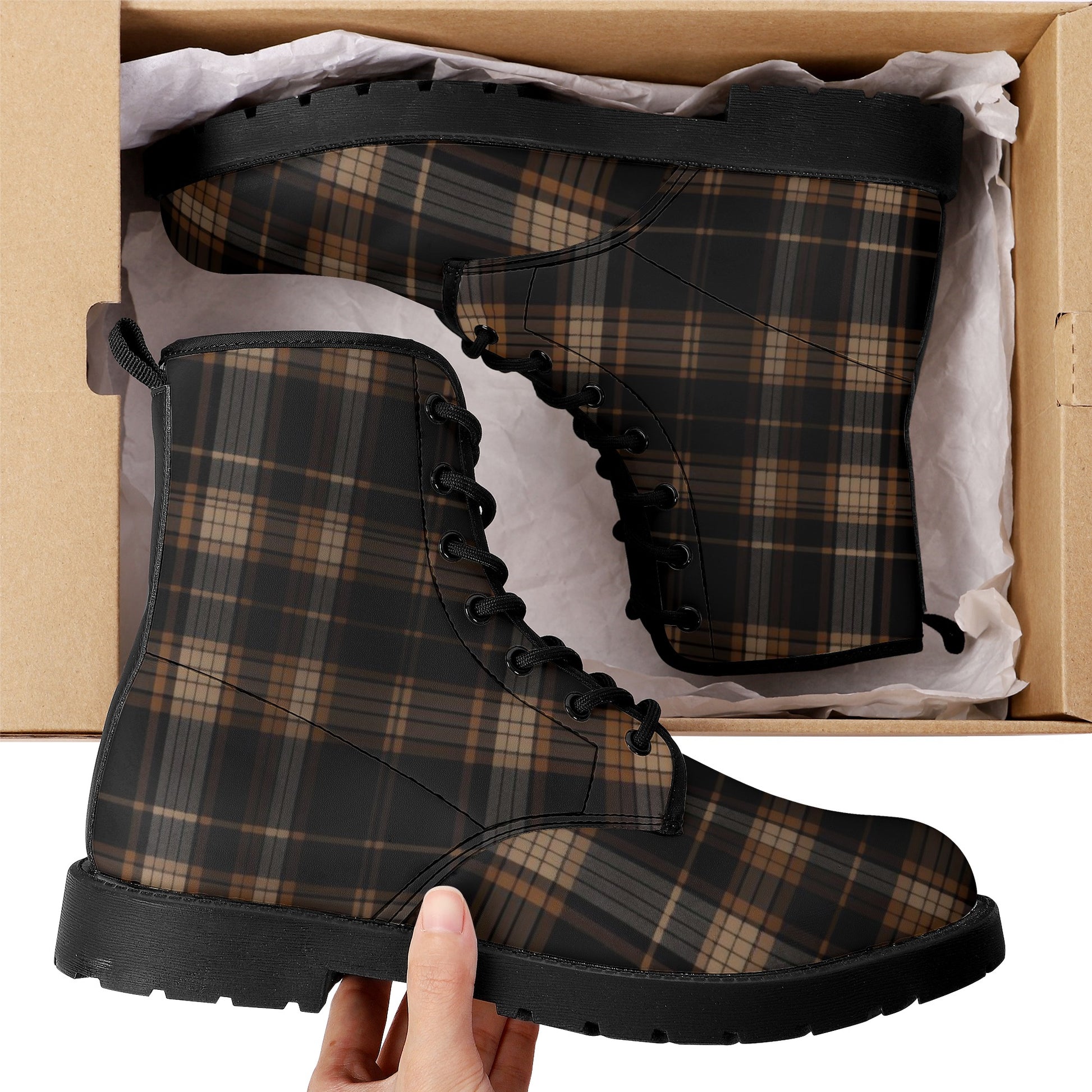 Black Brown Plaid Men Leather Boots, Check Tartan Vegan Lace Up Shoes Hiking Festival Black Ankle Combat Work Winter Waterproof Guys Male Starcove Fashion
