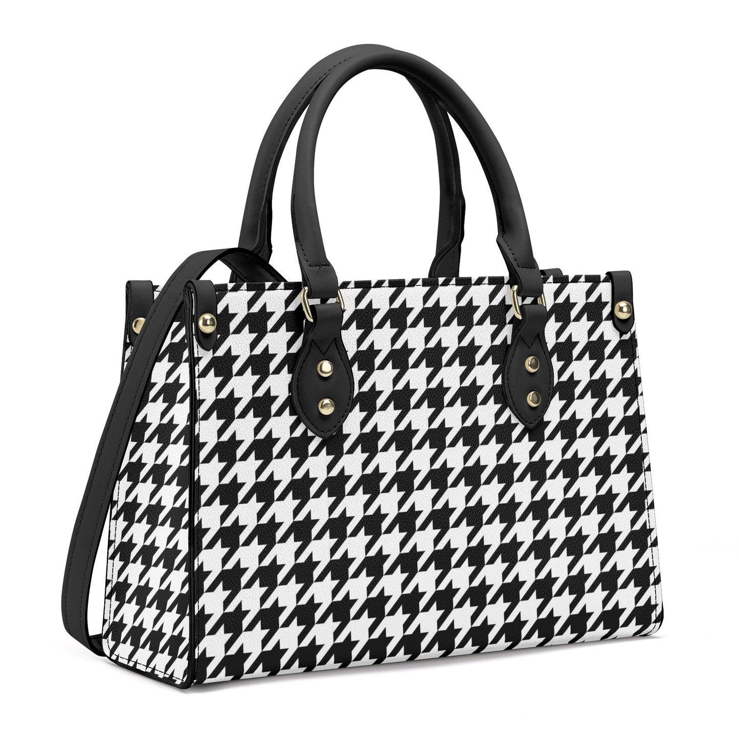 Houndstooth Shoulder Purse, Black White Crossbody Vegan Leather Top Handle Handbag Print Small Bag Women Ladies Designer Starcove Fashion