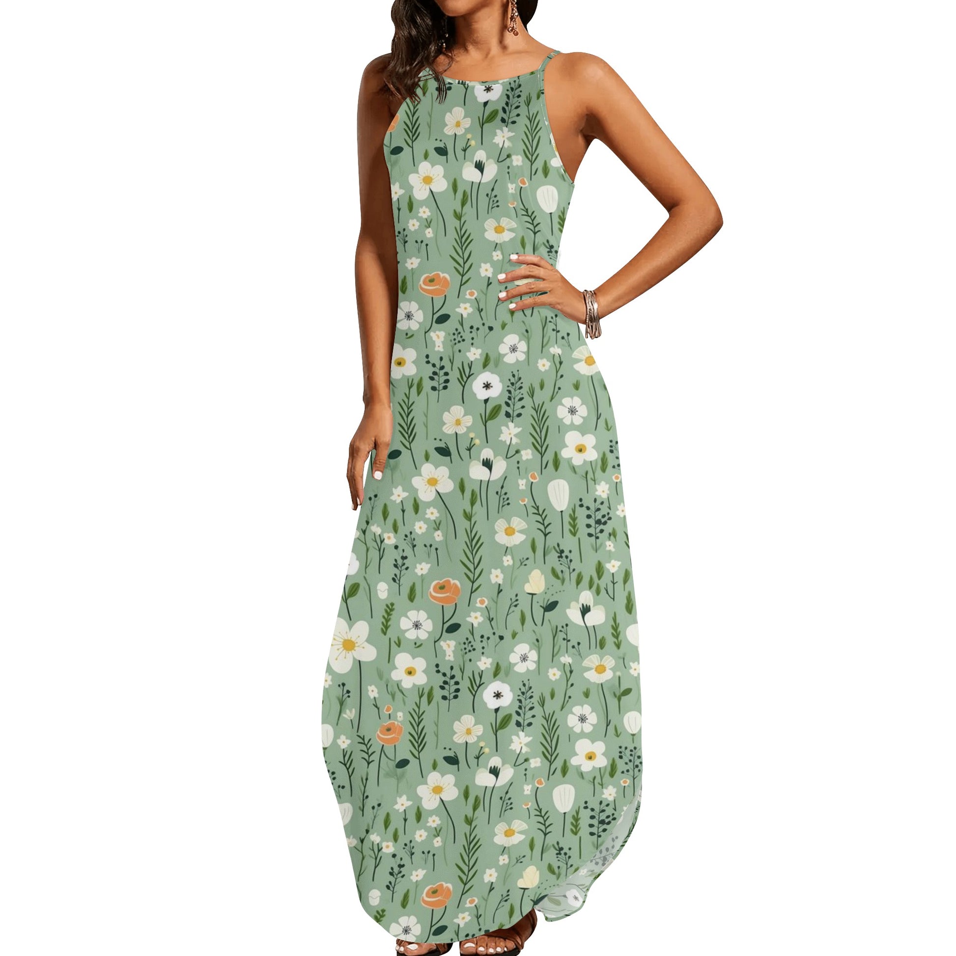 Green Floral Maxi Dress, Women Flowers Sage Green Olive Sleeveless Cas – Starcove Fashion Green Floral Maxi Dress, Women Flowers Sage Green Olive Sleeveless Cas – Starcove Fashion
