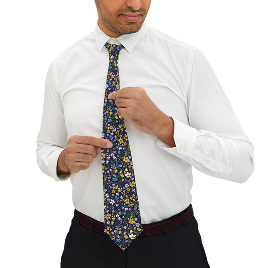 Floral Necktie, Yellow Flowers Purple Neck Tie Fancy Classic Chic Gift for Him Men Tuxedo Groomsmen Groom Wedding Suit Cravat