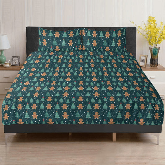 Gingerbread Man Bedding 3pc Set, Christmas Xmas Green Trees One Duvet Cover and Two Pillow Covers King Queen Full Twin Size Bed Bedroom - Starcove Fashion