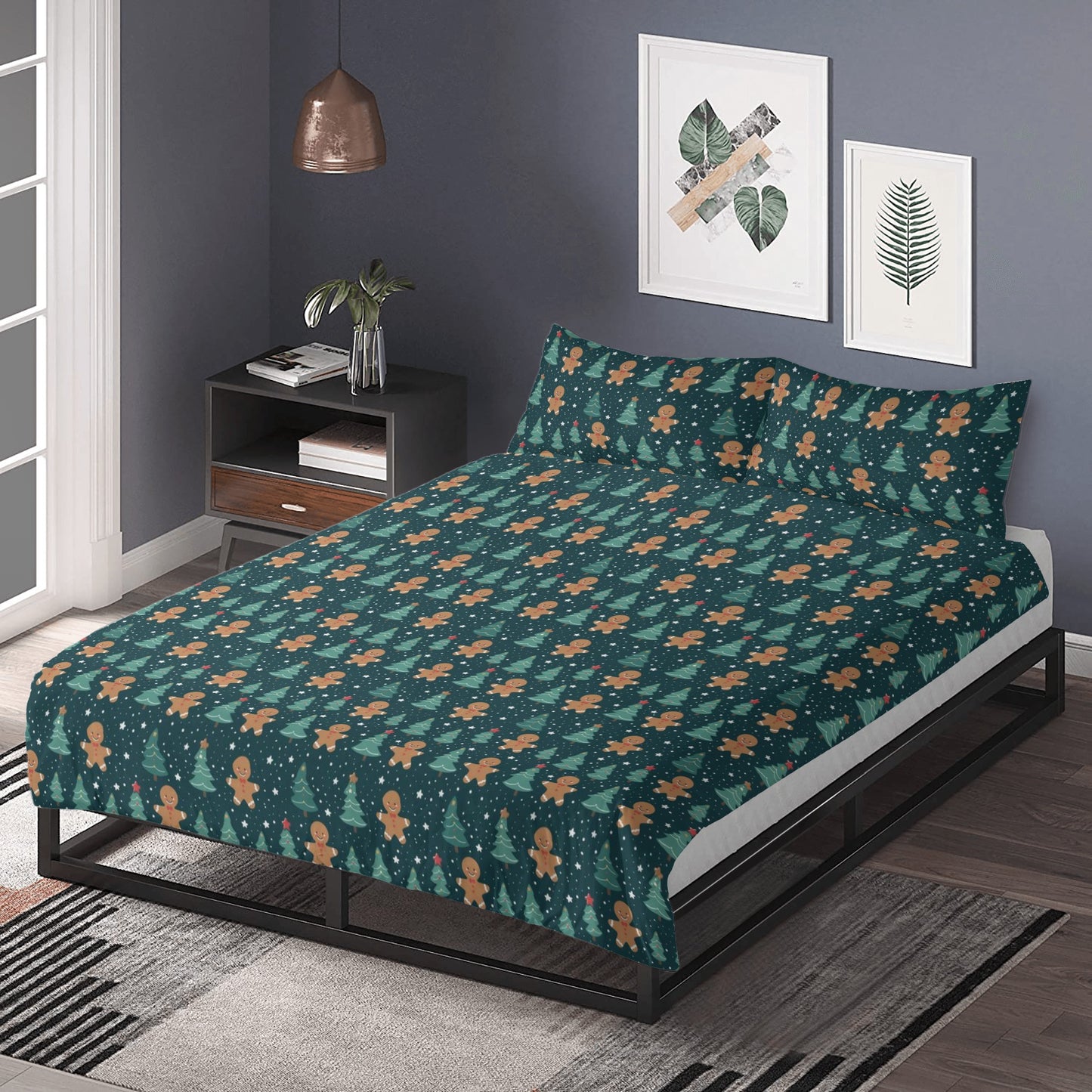 Gingerbread Man Bedding 3pc Set, Christmas Xmas Green Trees One Duvet Cover and Two Pillow Covers King Queen Full Twin Size Bed Bedroom
