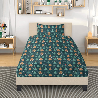 Gingerbread Man Bedding 3pc Set, Christmas Xmas Green Trees One Duvet Cover and Two Pillow Covers King Queen Full Twin Size Bed Bedroom