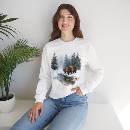 Grizzly Bears Wilderness Scene Sweatshirt, Retro Trees White Graphic Crewneck Fleece Cotton Sweater Jumper Pullover Men Women Designer Top