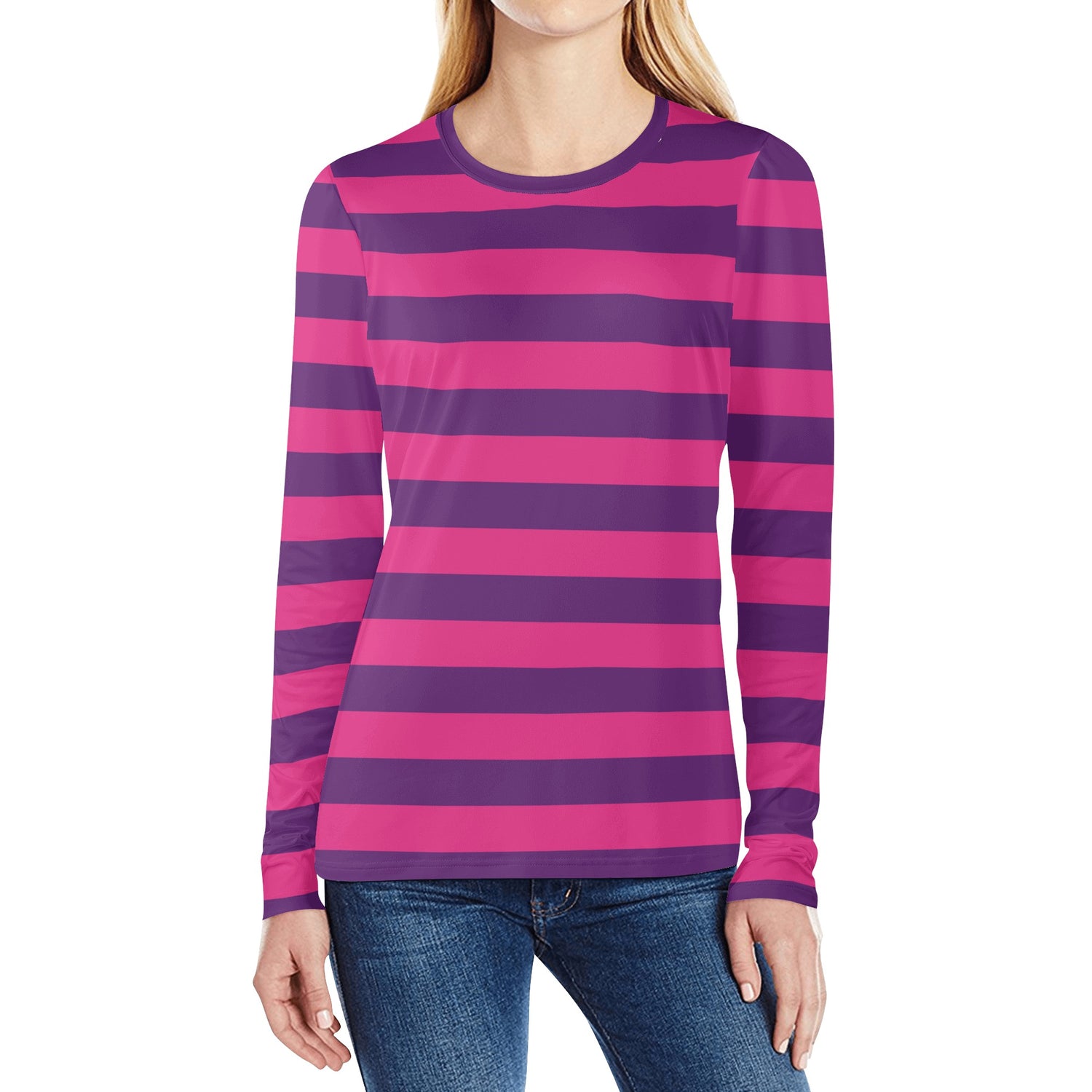 Pink and Purple Striped Women Long Sleeve Tshirt, Designer Stripe Graphic Aesthetic Crew Neck Costume Ladies Female Tee Top Shirt Starcove Fashion