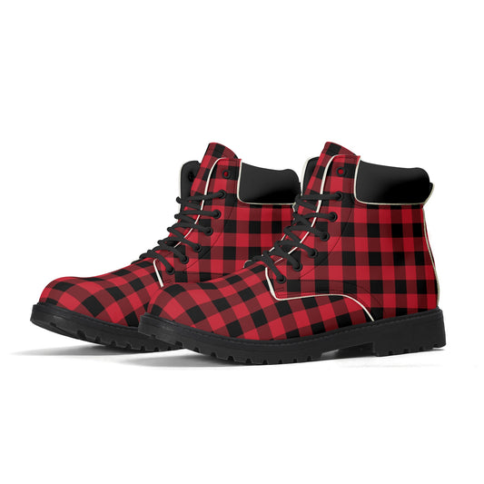 Red Buffalo Plaid Men Leather Boots, Check Vegan Lace Up Shoes Hiking Festival Black Ankle Combat Work Winter Waterproof Guys Male