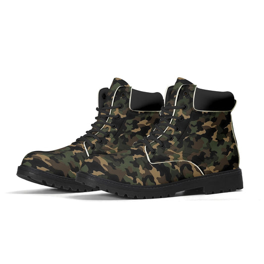Camouflage Men Leather Boots, Green Camo Vegan Lace Up Shoes Hiking Festival Black Ankle Combat Work Winter Waterproof Guys Male