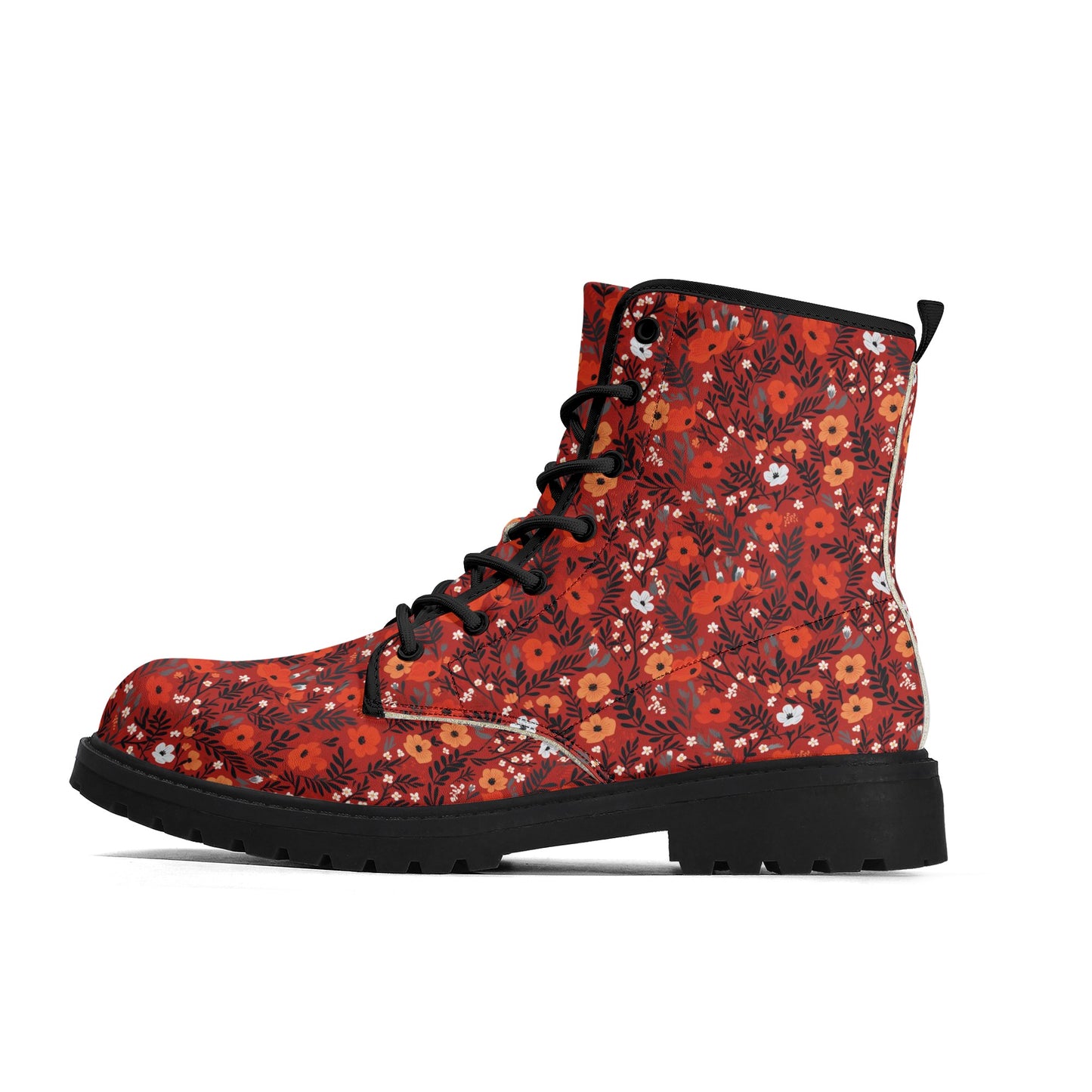 Red Floral Women Leather Boots, Flowers Vegan Lace Up Shoes Hiking Festival Black Ankle Combat Work Winter Waterproof Custom Ladies