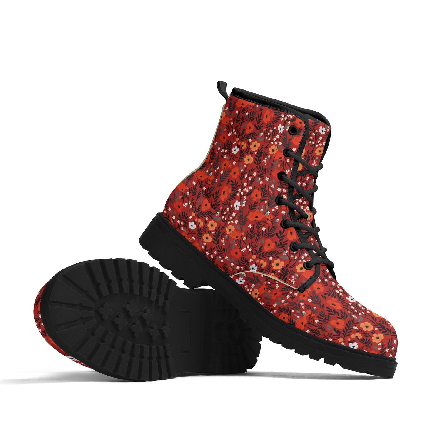 Red Floral Women Leather Boots, Flowers Vegan Lace Up Shoes Hiking Festival Black Ankle Combat Work Winter Waterproof Custom Ladies