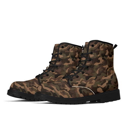 Brown Camo Women Leather Boots, Chocolate Camouflage Vegan Lace Up Shoes Hiking Festival Black Ankle Combat Work Winter Waterproof Ladies