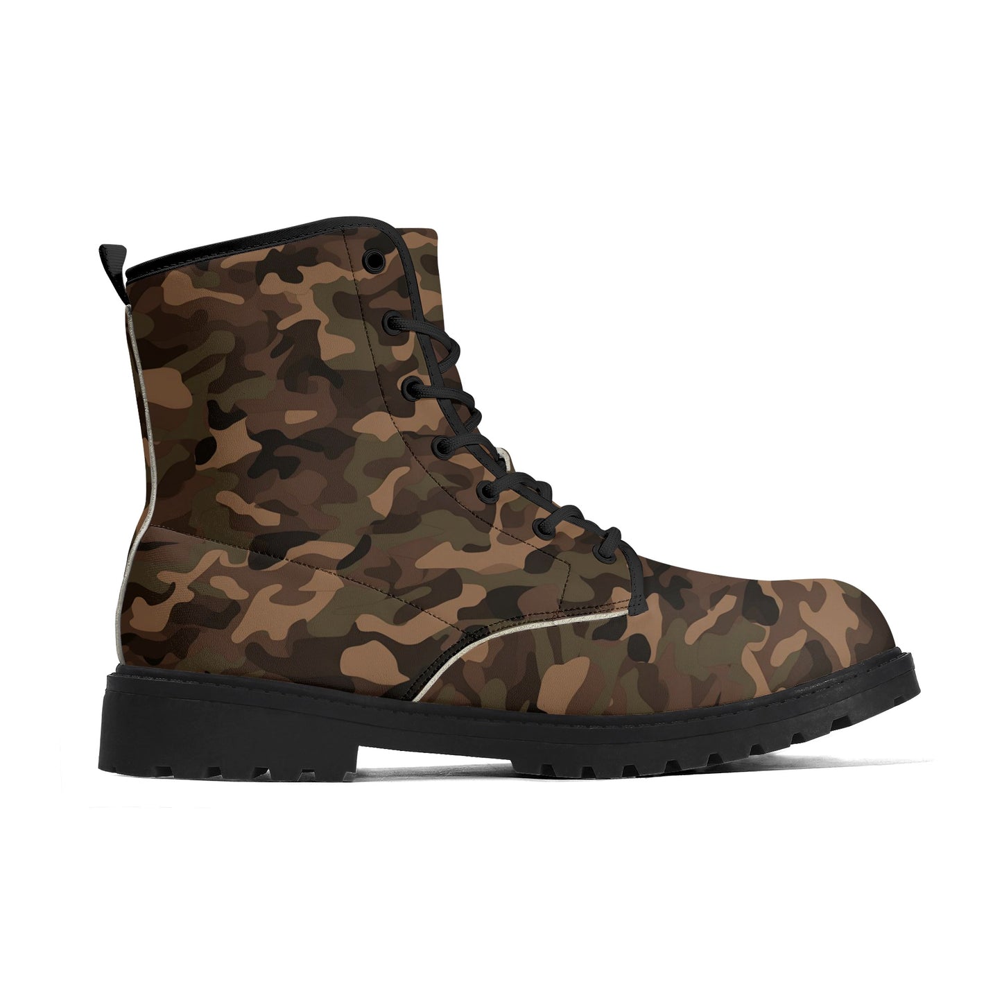 Brown Camo Women Leather Boots, Chocolate Camouflage Vegan Lace Up Shoes Hiking Festival Black Ankle Combat Work Winter Waterproof Ladies