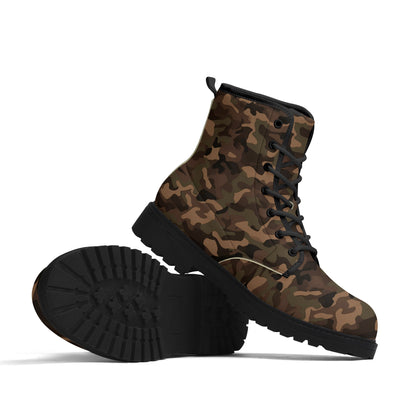 Brown Camo Women Leather Boots, Chocolate Camouflage Vegan Lace Up Shoes Hiking Festival Black Ankle Combat Work Winter Waterproof Ladies