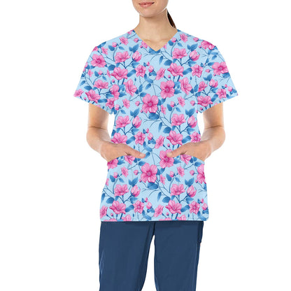 Pink Blue Floral Medical Scrubs Top Women, Flowers Ladies Female Plus Size Nursing Nurse Vet Veterinary Assistant Uniform Pockets