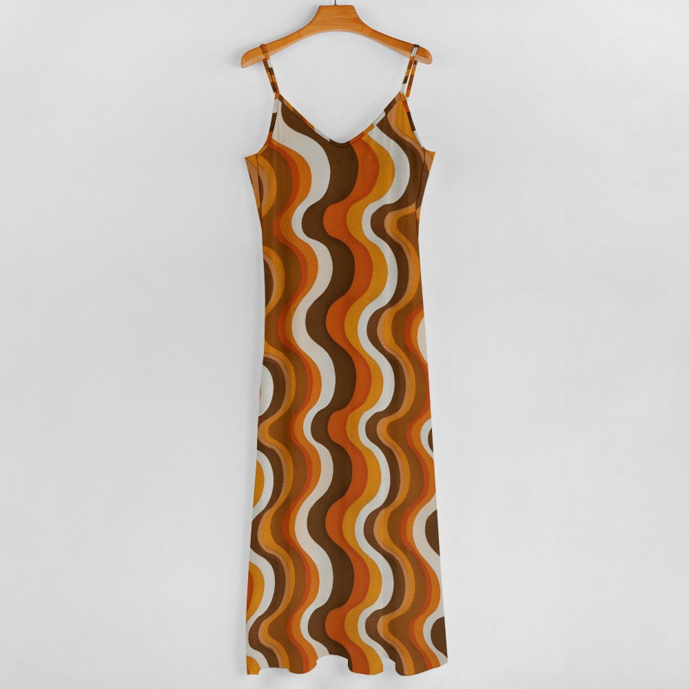 70s Wavy Stripes Maxi Dress, Retro Vintage Orange Long Spaghetti Straps Flowy Women Sleeveless Designer Plus Size Cocktail Party Summer L / White 70s Wavy Stripes Maxi Dress, Retro Vintage Orange Long Spaghetti Straps Flowy Women Sleeveless Designer Plus Size Cocktail Party Summer L / White