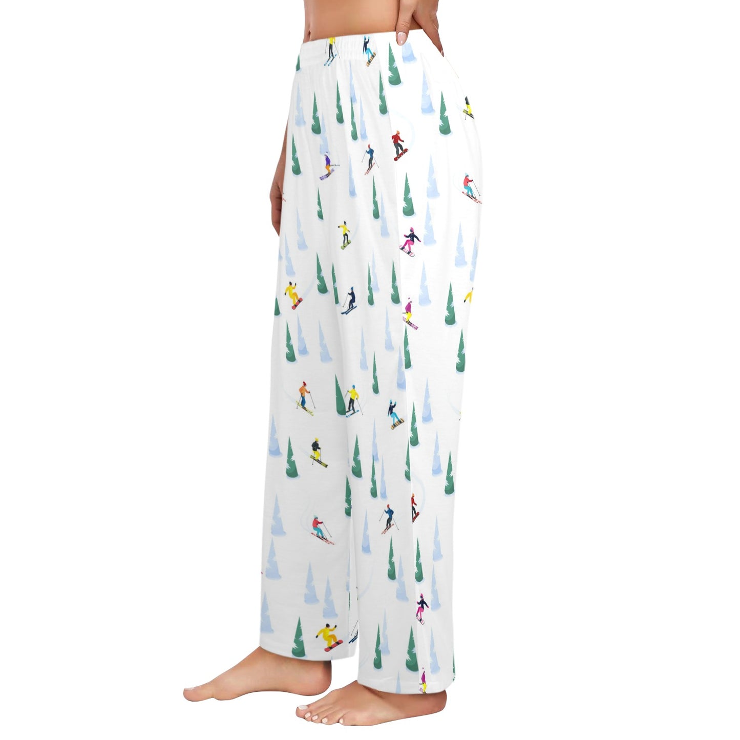 Ski Women Pajamas Pants, Snowboard Skier Pine Trees Snow Winter Sports Satin PJ Funny Pockets Trousers Couples Matching Ladies Bottoms