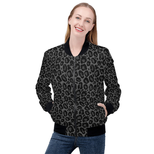 Black Grey Leopard Women Bomber Jacket, Animal Cheetah Print Zip Up Winter Vintage Varsity Warm Designer Coat Outfit Plus Size Ladies