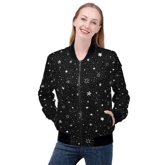 Stars Women Bomber Jacket, Black White Space Galaxy Zip Up Streetwear Winter Vintage Varsity Warm Designer Coat Outfit Plus Size Ladies