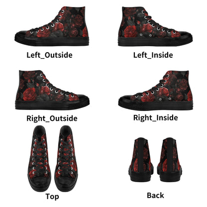 Red and Black Roses Women High Top Shoes, Gothic Flowers Floral Lace Up Sneakers Footwear Canvas Streetwear Ladies Girls Trainers Designer