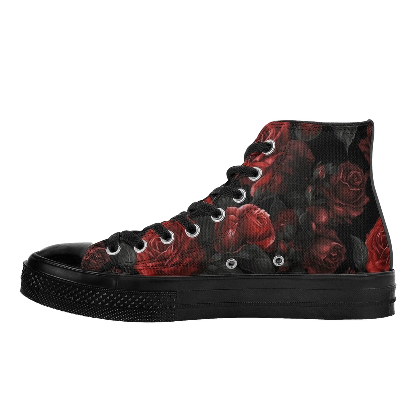 Red and Black Roses Women High Top Shoes, Gothic Flowers Floral Lace Up Sneakers Footwear Canvas Streetwear Ladies Girls Trainers Designer