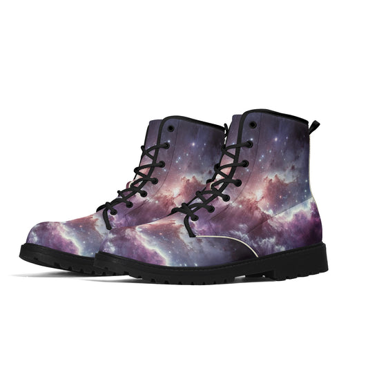 Purple Galaxy Women Leather Boots, Space Cosmos Vegan Lace Up Shoes Hiking Festival Black Ankle Combat Work Winter Waterproof Custom Ladies