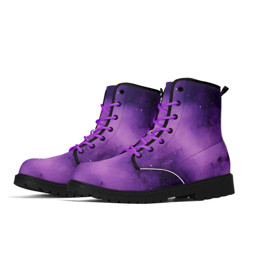 Purple Galaxy Women Leather Boots, Space Cosmos Vegan Lace Up Shoes Hiking Festival Black Ankle Combat Work Winter Waterproof Custom Ladies