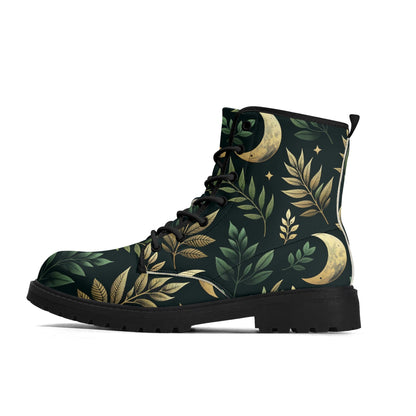 Forest Moon Women Leather Boots, Witchy Boho Green Vegan Lace Up Shoes Hiking Festival Black Ankle Combat Work Cottagecore Waterproof Ladies