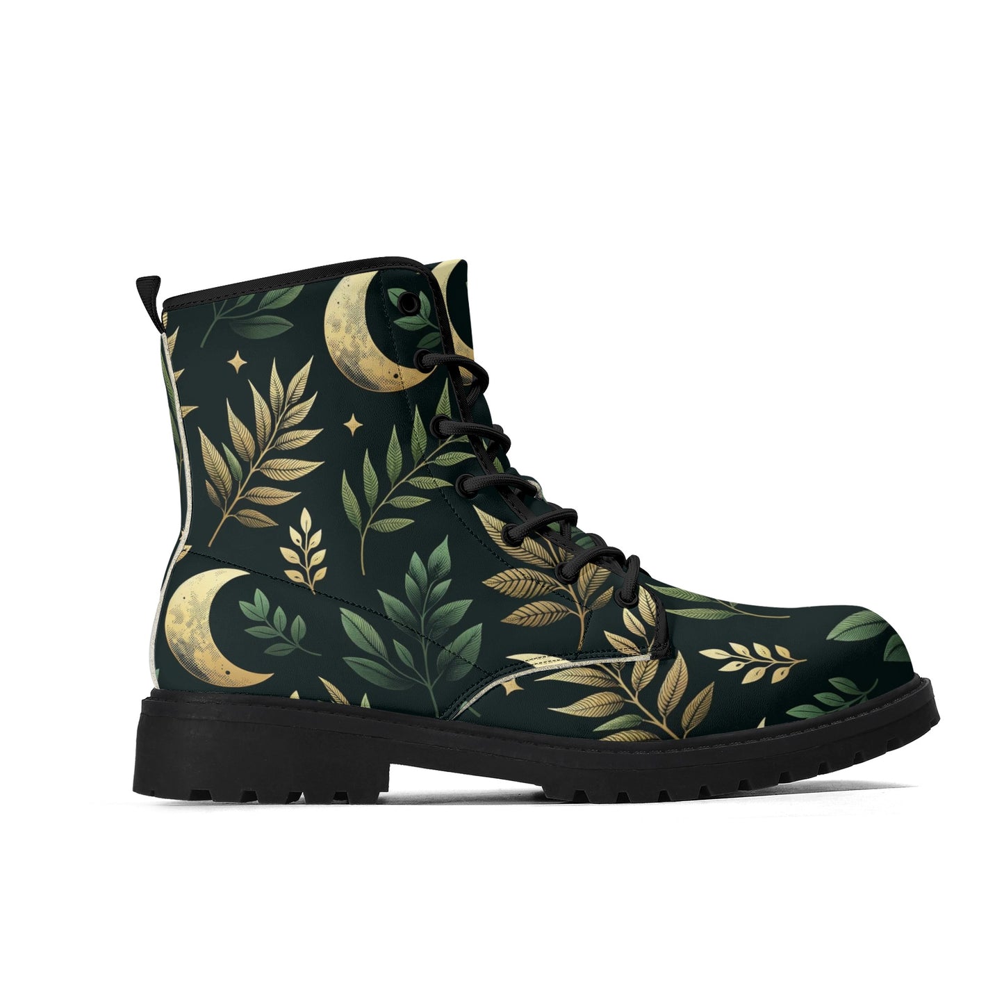 Forest Moon Women Leather Boots, Witchy Boho Green Vegan Lace Up Shoes Hiking Festival Black Ankle Combat Work Cottagecore Waterproof Ladies