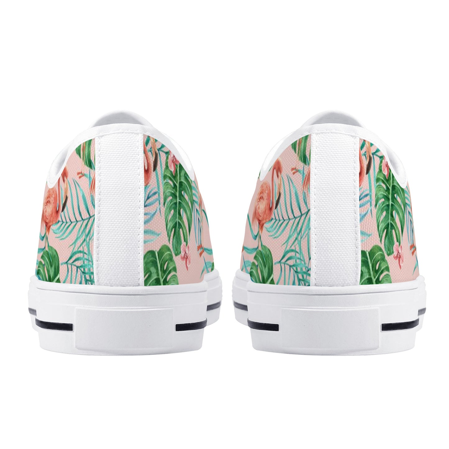 Pink Flamingo Women Shoes, Tropical Print Sneakers Canvas White Low Top Lace Up Custom Girls Aesthetic Flat Casual Shoes