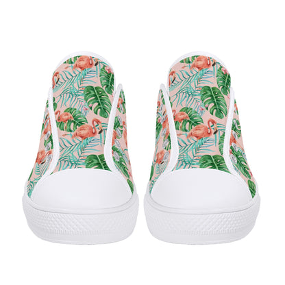 Pink Flamingo Women Shoes, Tropical Print Sneakers Canvas White Low Top Lace Up Custom Girls Aesthetic Flat Casual Shoes