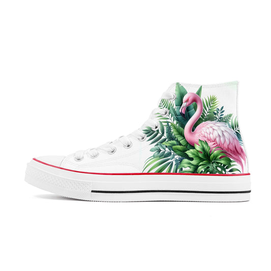 Pink Flamingo Women High Top Shoes, Tropical Lace Up Sneakers Footwear Canvas Streetwear Ladies Girls White Black Trainers Designer Gift