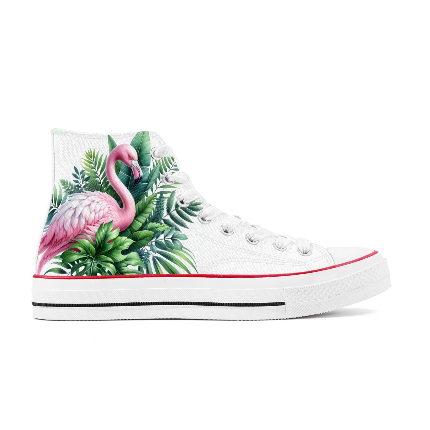 Pink Flamingo Women High Top Shoes, Tropical Lace Up Sneakers Footwear Canvas Streetwear Ladies Girls White Black Trainers Designer Gift