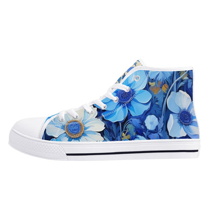 Blue Flowers Women High Top Shoes, Floral Lace Up Sneakers Footwear Canvas Streetwear Ladies Girls White Black Trainers Designer Gift