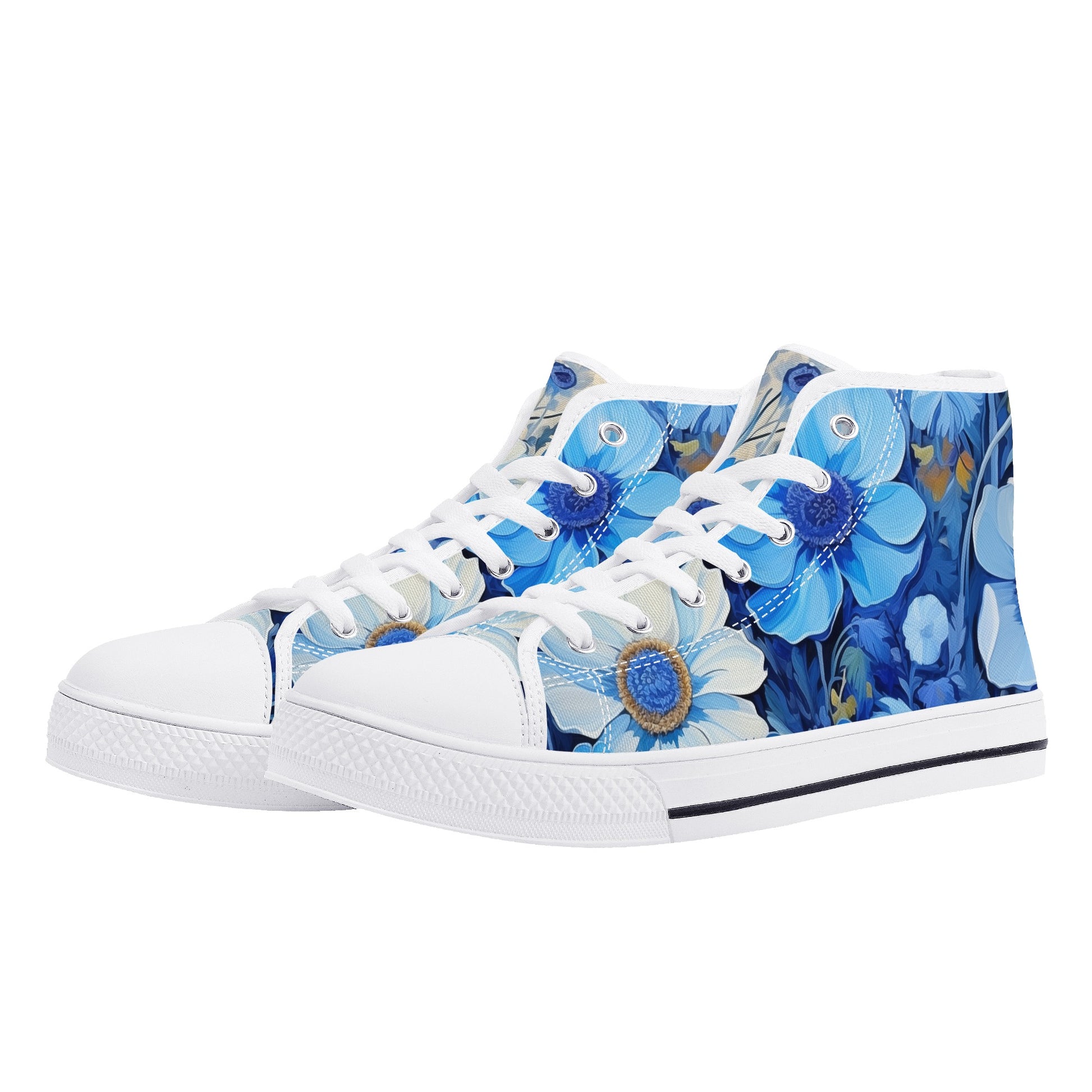 Blue Flowers Women High Top Shoes, Floral Lace Up Sneakers Footwear Canvas Streetwear Ladies Girls White Black Trainers Designer Gift White US12