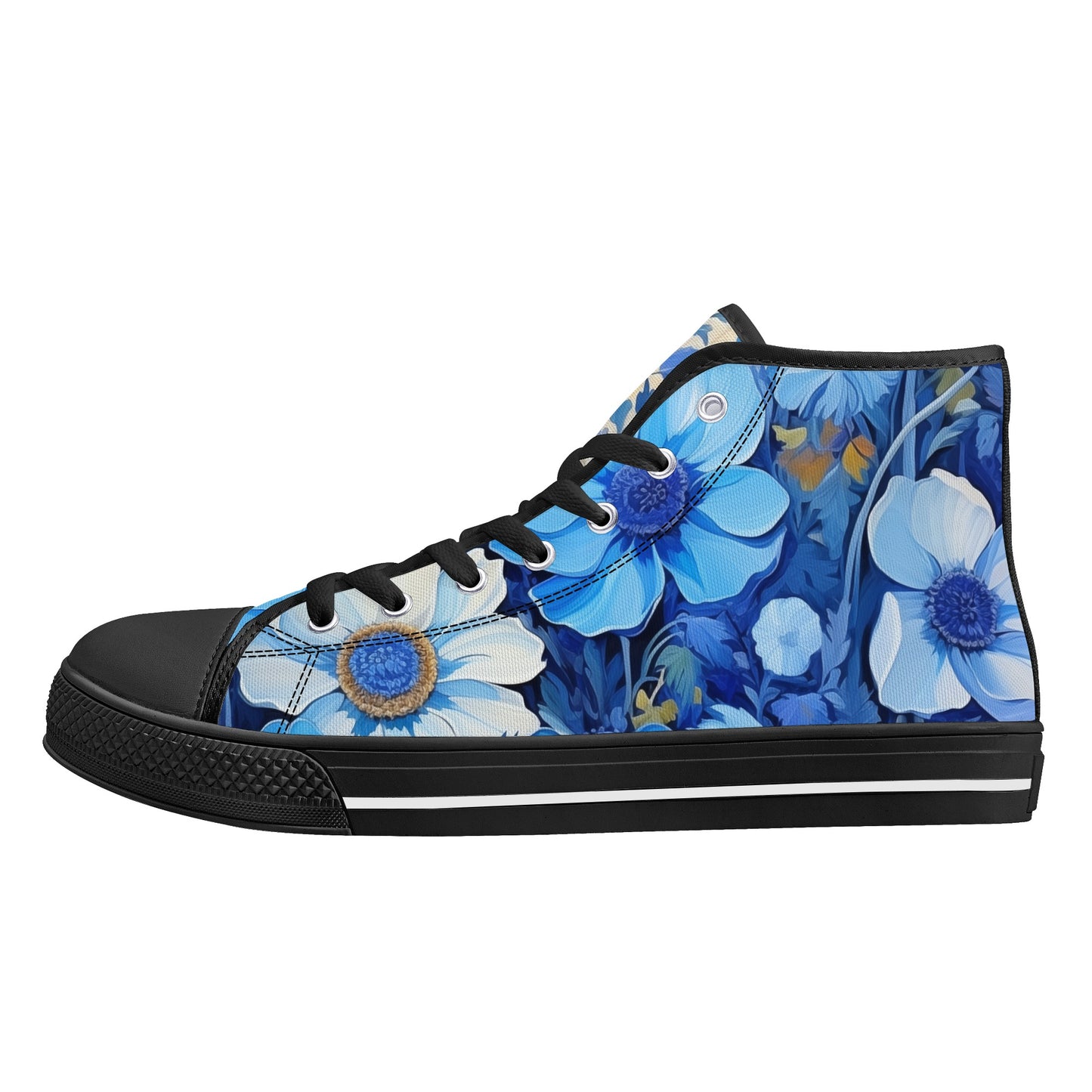 Blue Flowers Women High Top Shoes, Floral Lace Up Sneakers Footwear Canvas Streetwear Ladies Girls White Black Trainers Designer Gift