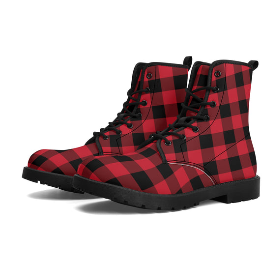 Red Buffalo Plaid Men Leather Boots, Check Vegan Lace Up Shoes Hiking Festival Black Ankle Combat Work Winter Waterproof Guys Male