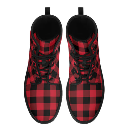 Red Buffalo Plaid Men Leather Boots, Check Vegan Lace Up Shoes Hiking Festival Black Ankle Combat Work Winter Waterproof Guys Male