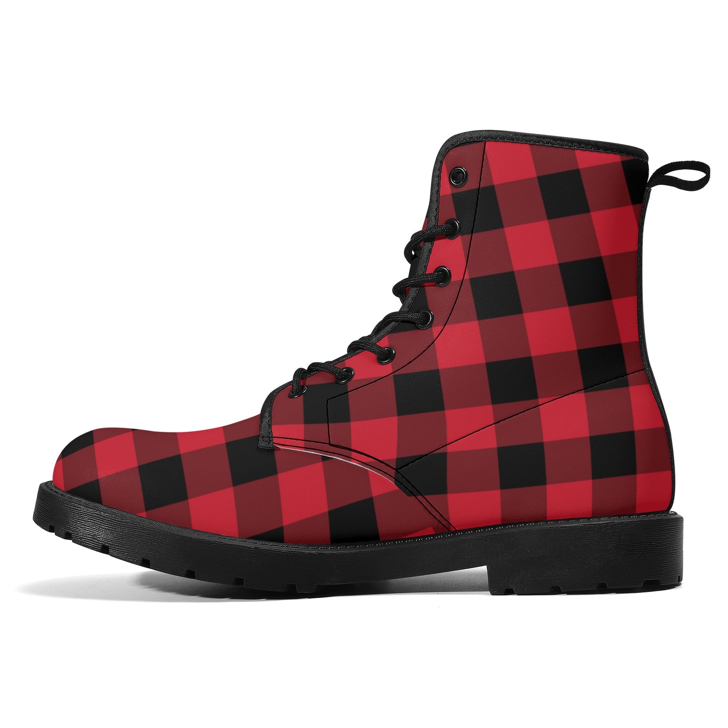 Red Buffalo Plaid Men Leather Boots, Check Vegan Lace Up Shoes Hiking Festival Black Ankle Combat Work Winter Waterproof Guys Male